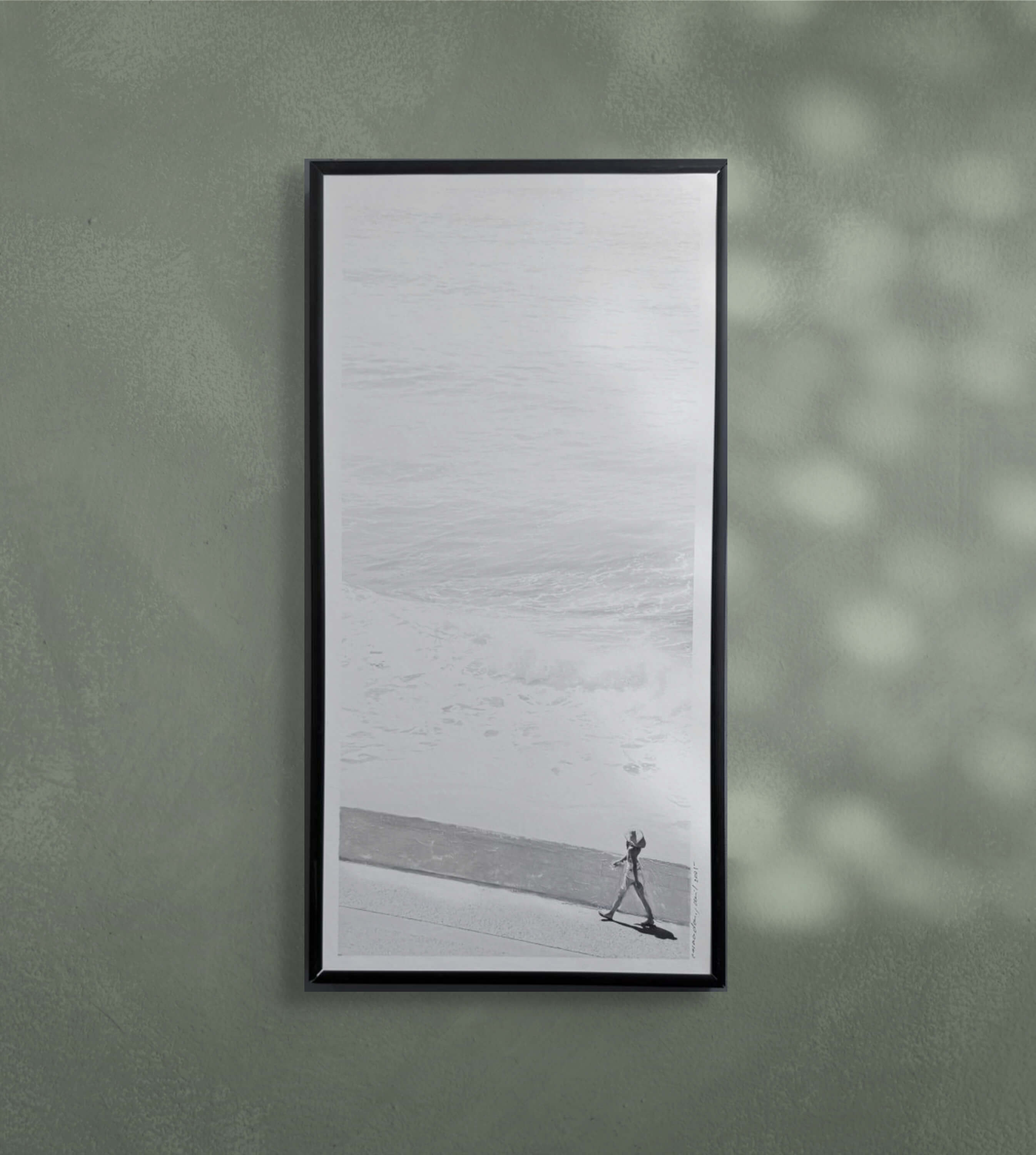 On the  wild side.  Oeuvre encadrée techniques mixtes Emma Daum  sur un mur vert d'eau 40x20  cm